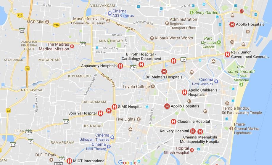 карта на Chennai Болници