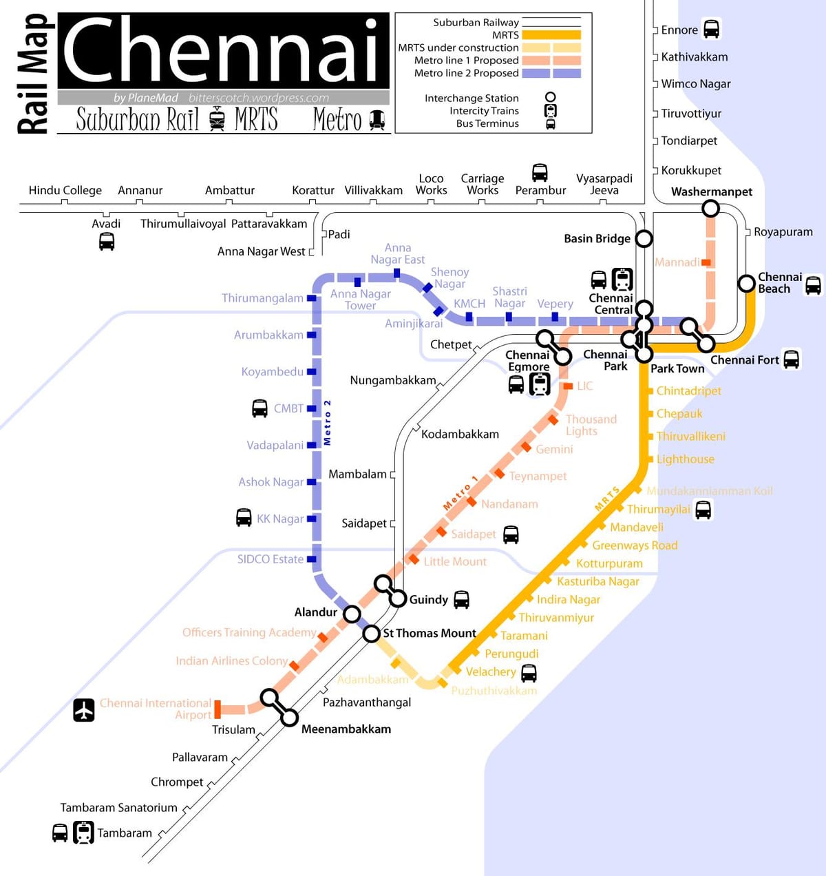 метро железнички Chennai маршрутата на мапата