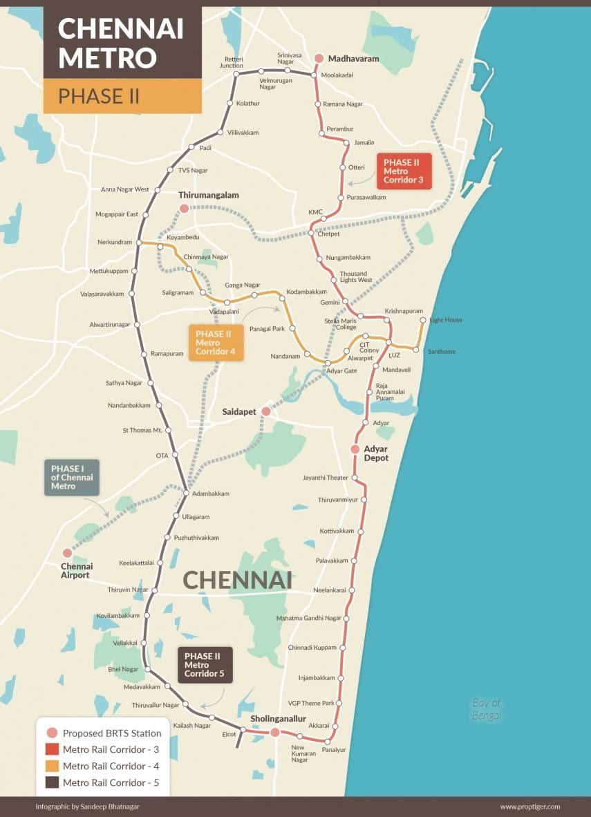 метро железнички Chennai маршрутата на мапата фаза 2